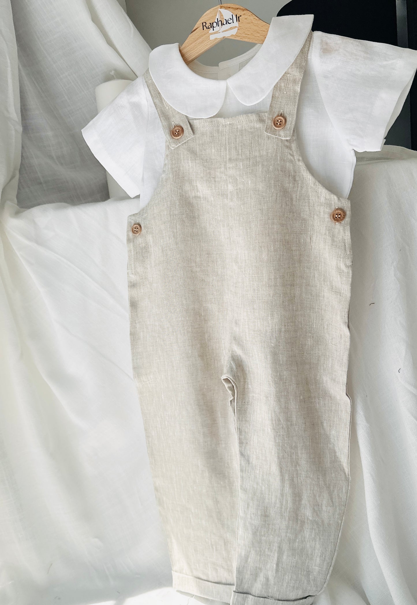 Boys Beige Linen Birthday overalls romper dungarees safari balloon fast car wild sea themes