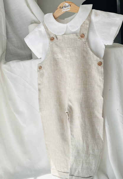 Boys Beige Linen Birthday overalls romper dungarees safari balloon fast car wild sea themes