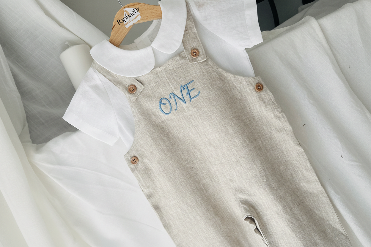 Boys Beige Linen Birthday overalls romper dungarees safari balloon fast car wild sea themes