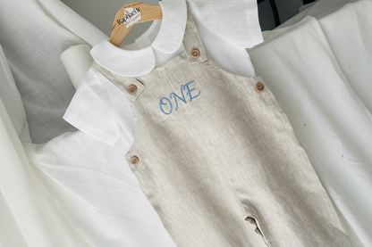 Boys Beige Linen Birthday overalls romper dungarees safari balloon fast car wild sea themes