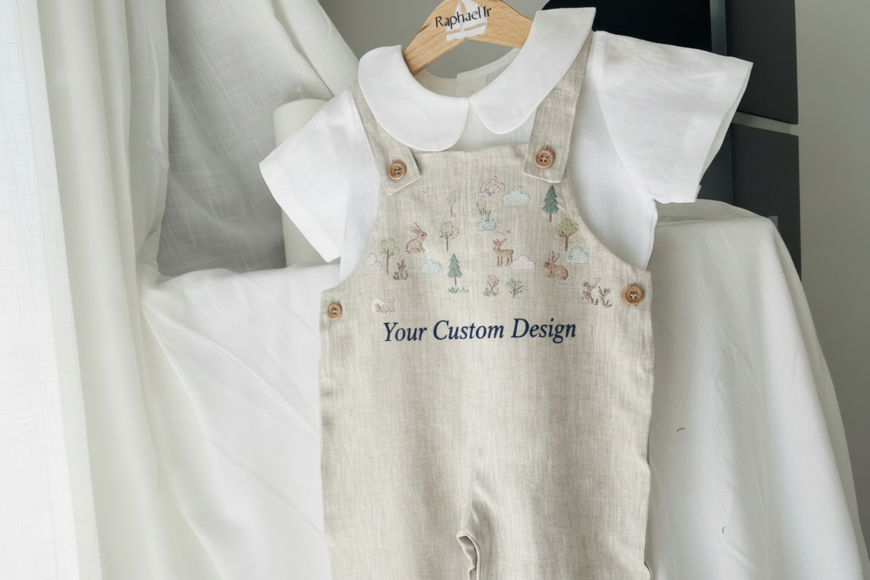 Boys Beige Linen Birthday overalls romper dungarees safari balloon fast car wild sea themes