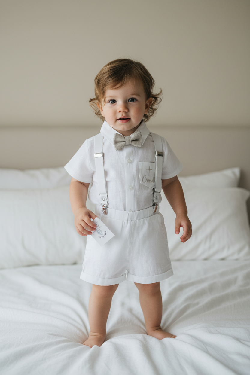 White linen summer Baptism set with shirt shorts suspenders bow tie and optional jacket