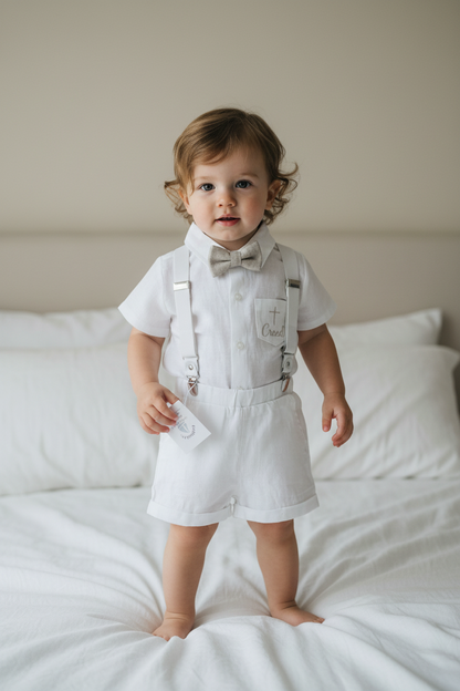 White linen summer Baptism outfit with suspender shorts, shirt, bowtie plus optional extras