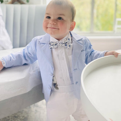 White linen summer Baptism outfit with shorts shirt and suspenders and optional pale blue jacket