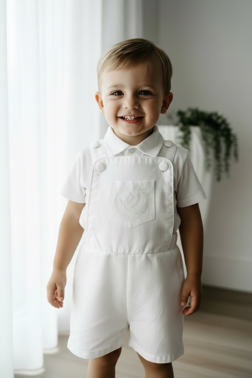 Boys white pure linen overalls suspender shorts with optional shirt and embroidery