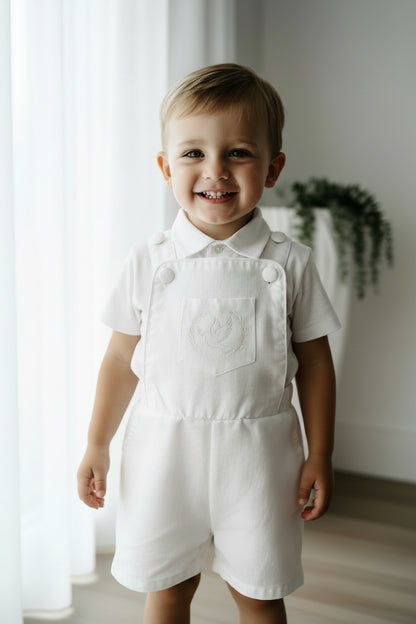 Boys white pure linen overalls suspender shorts with optional shirt and embroidery