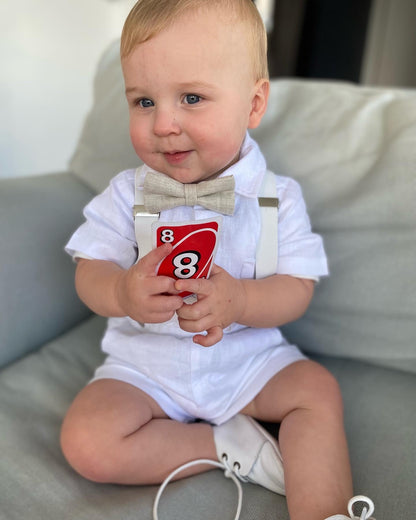 White linen summer Baptism set with shirt shorts suspenders bow tie and optional jacket