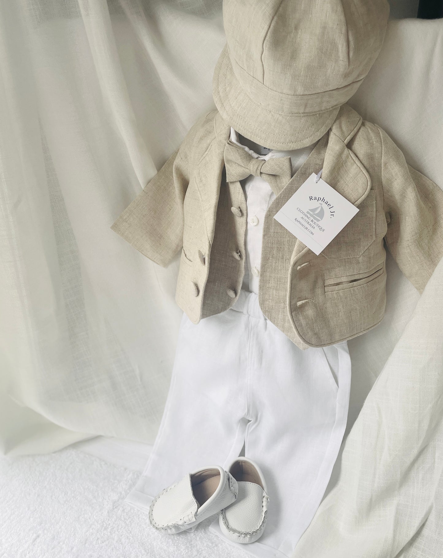 White and Beige Linen set with vest, shirt, pants, suspenders and bowtie plus optional jacket, cap and shoes