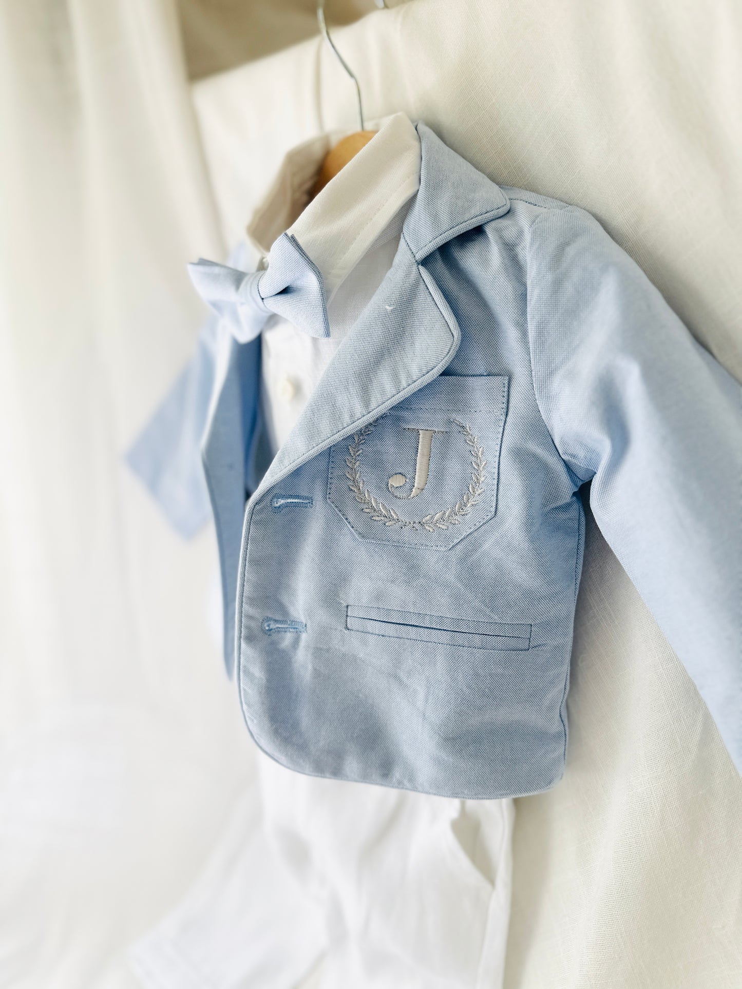 Boys Light blue suit with blue vest, bow tie optional jacket, plus white linen shirt and suspender pants