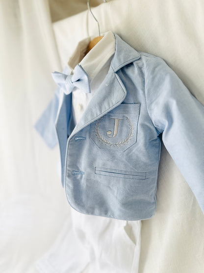 Boys Light blue suit with blue vest, bow tie optional jacket, plus white linen shirt and suspender pants