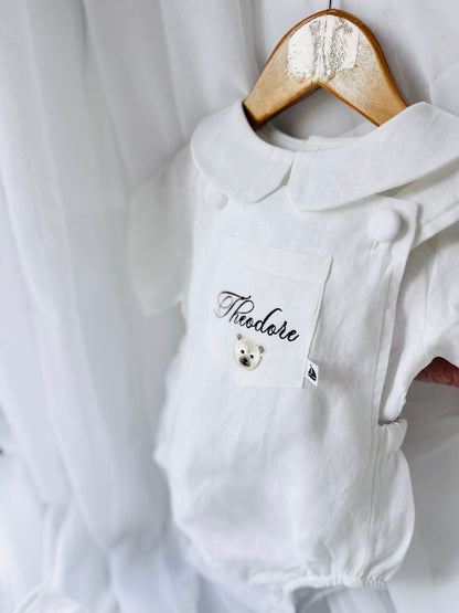 Baby white linen baptism romper overalls and blouse shirt set
