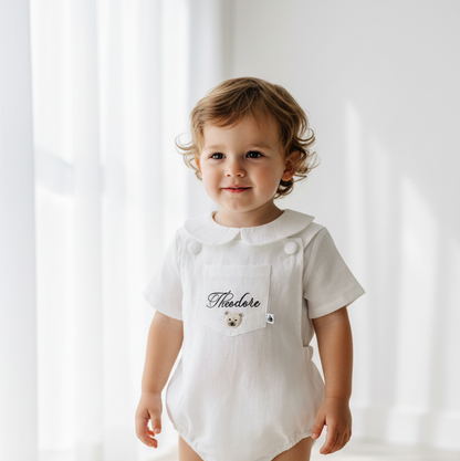 Baby white linen baptism romper overalls and blouse shirt set