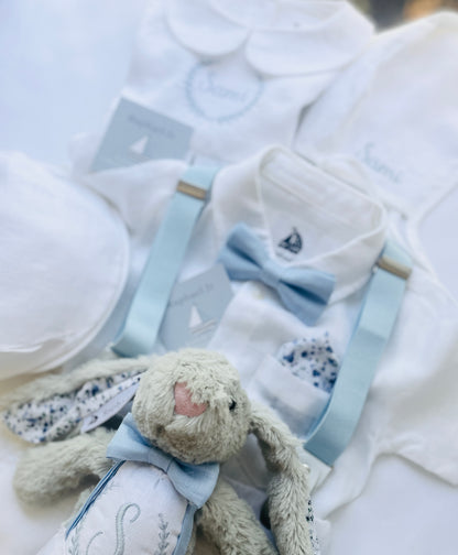 Baby and Toddler Boys white linen baptism outfit with bloomers, shirt, suspenders, bow tie