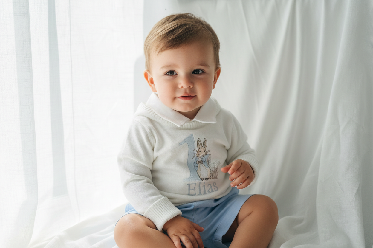Warm white cotton sweater with optional first birthday embroidery