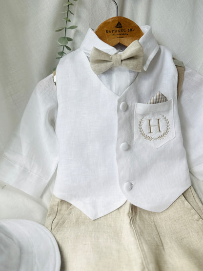 Boys white and beige linen set with vest, shirt, pants, suspenders and bowtie