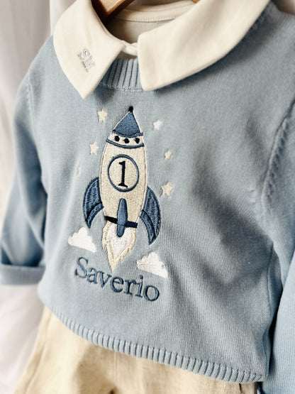 Baby blue cotton sweater with optional embroidery