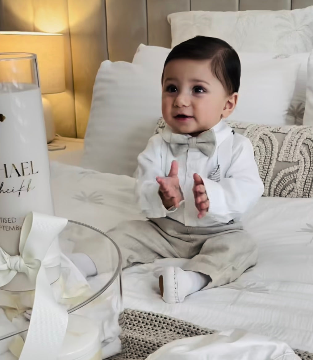 Baby and toddler boys beige linen full suit