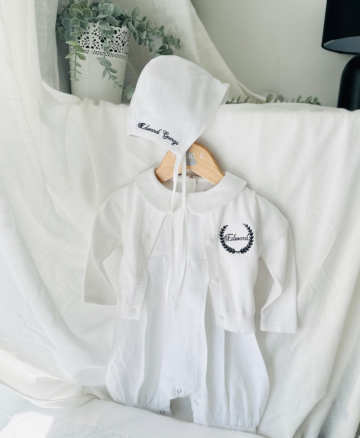Linen Baptism romper dungaree jumpsuit with optional cardigan and embroidery