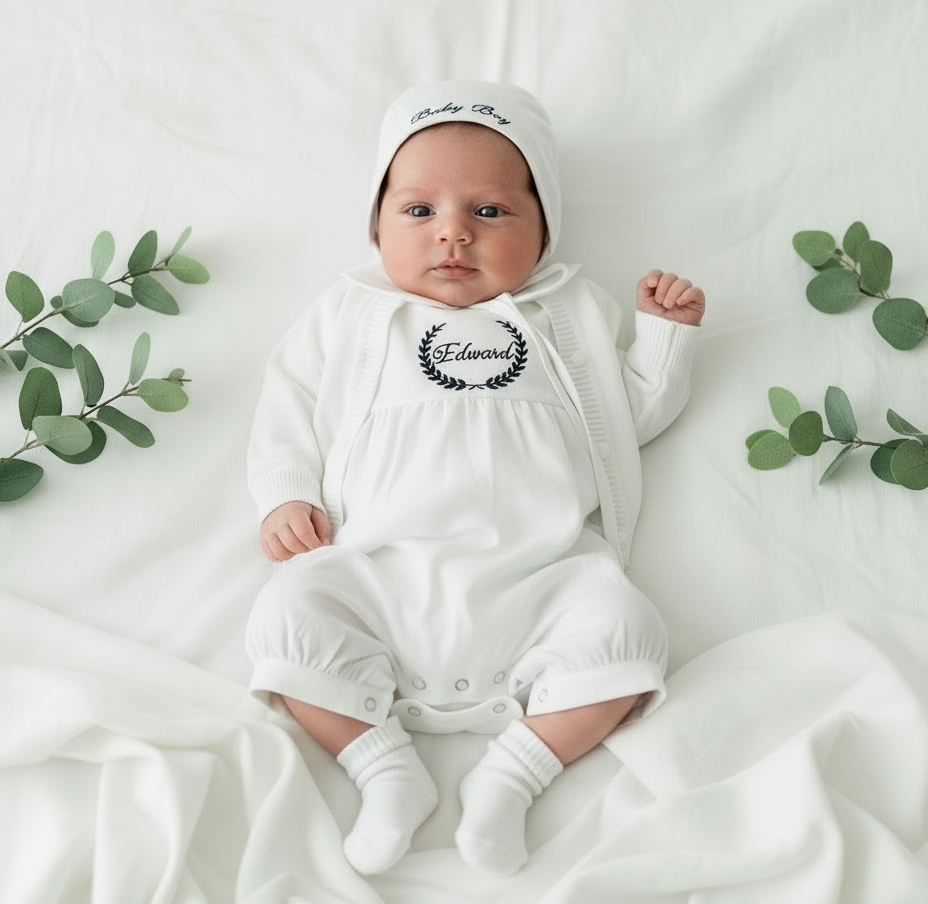 Linen Baptism romper dungaree jumpsuit with optional cardigan and embroidery