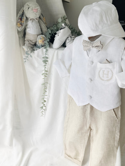 Boys white and beige linen set with vest, shirt, pants, suspenders and bowtie