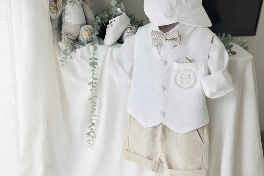 Boys white and beige linen Baptism and Wedding Outfit with vest, shirt, shorts, suspenders and bow tie