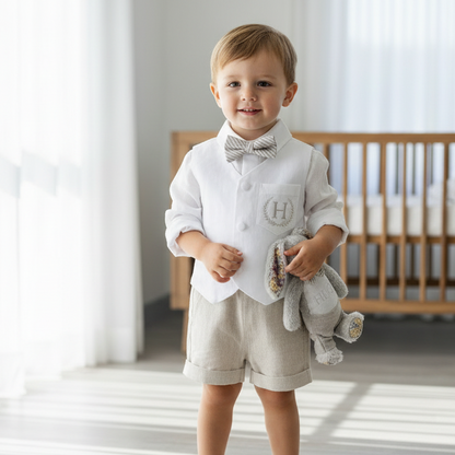 Boys white and beige linen Baptism and Wedding Outfit with vest, shirt, shorts, suspenders and bow tie