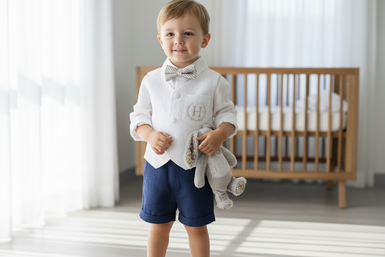 White linen vest and navy shorts summer set