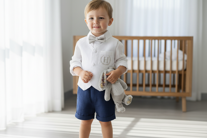 White linen vest and navy shorts summer set