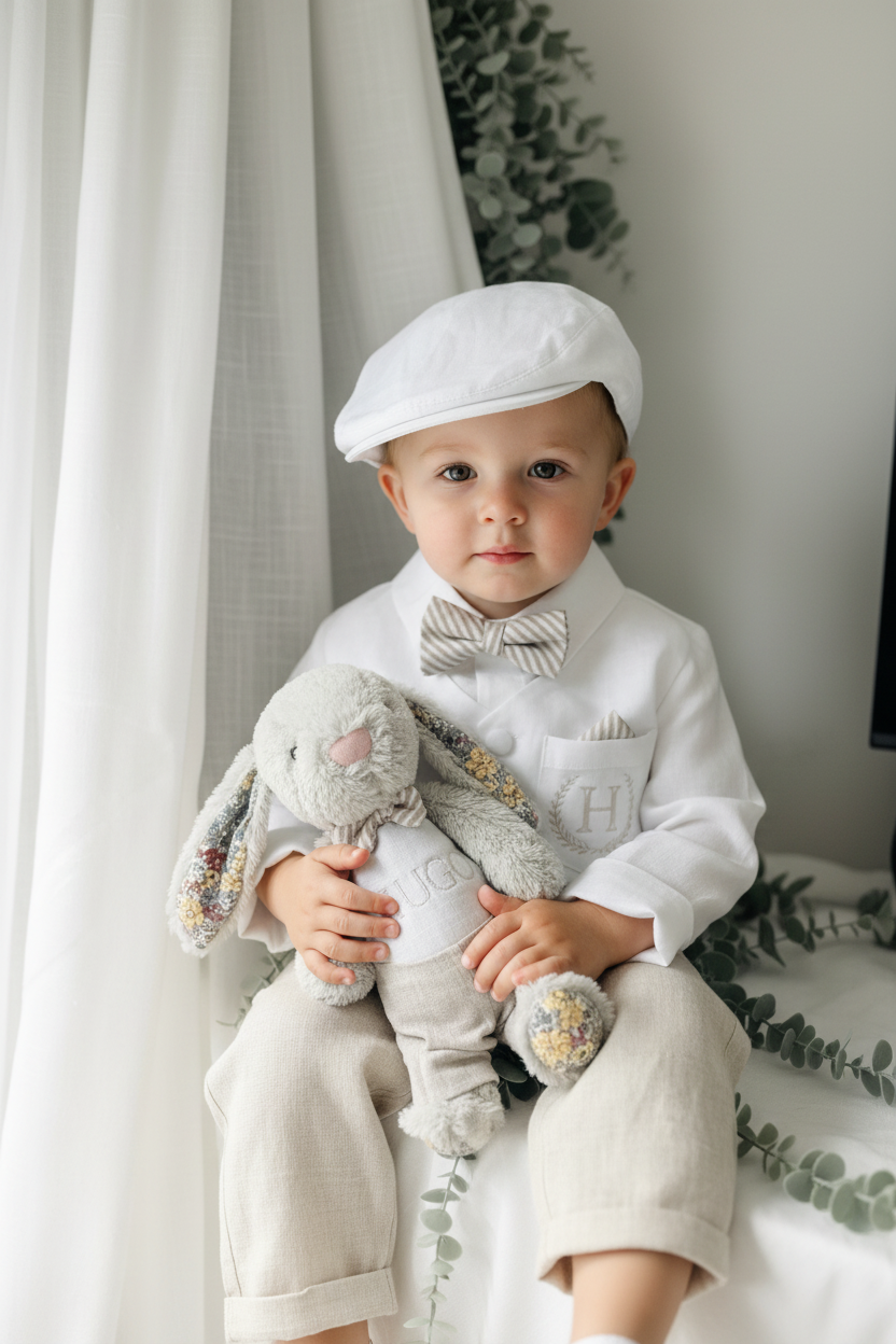 Boys white and beige linen set with vest, shirt, pants, suspenders and bowtie