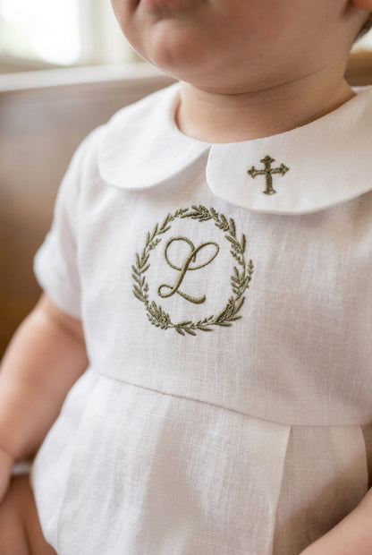 Linen Baptism 3/4 length jumpsuit romper with optional cardigan and embroidery