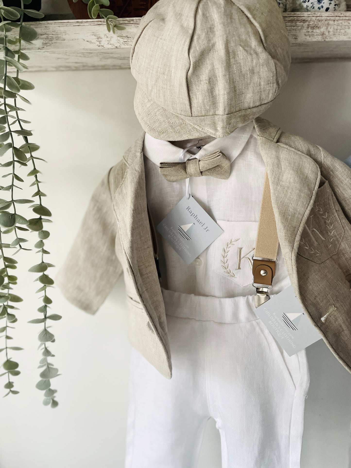 Beige linen kids Baptism or Wedding Suit with Accessories and Embroidery Available
