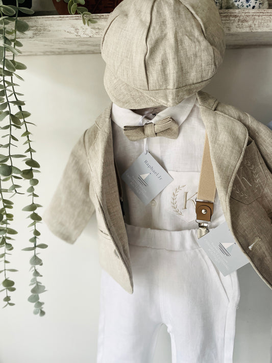Beige linen kids Baptism or Wedding Suit with Accessories and Embroidery Available