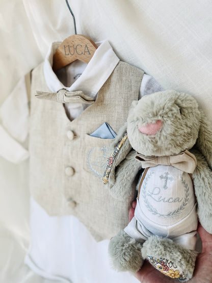 Beige Linen Shorts Shirt Suspenders and Vest set with Optional Cap Jacket and Embroidery