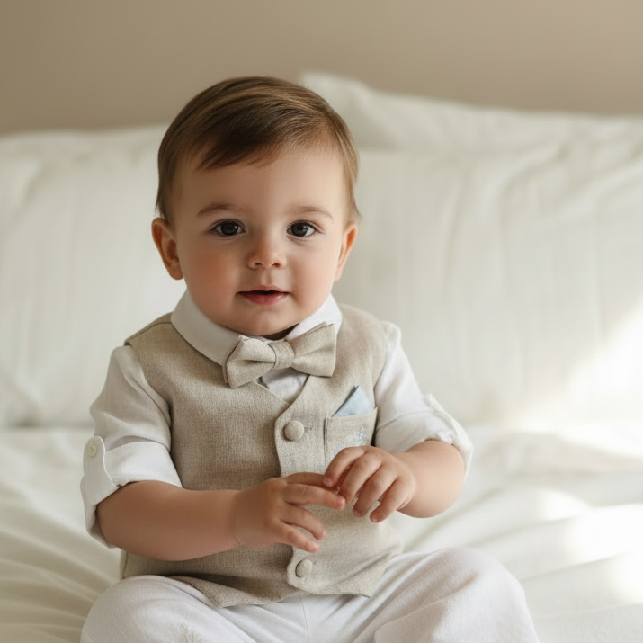 White and beige linen Baptism and Wedding Outfit with vest, shirt, shorts, suspenders and bow tie