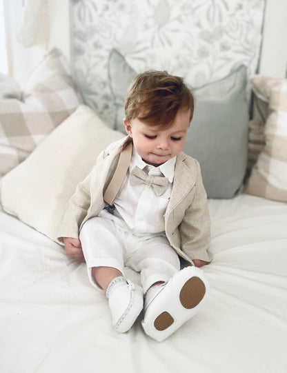 White and Beige Linen Set with optional Jacket Accessories and Embroidery
