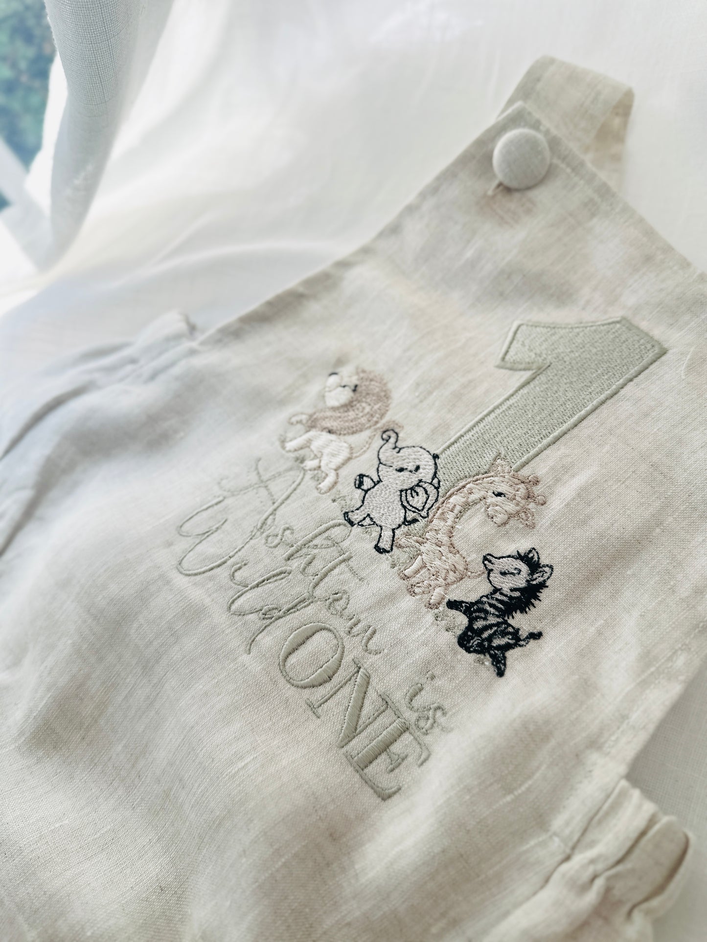 Boys Beige Linen First Birthday romper overalls wild one safari