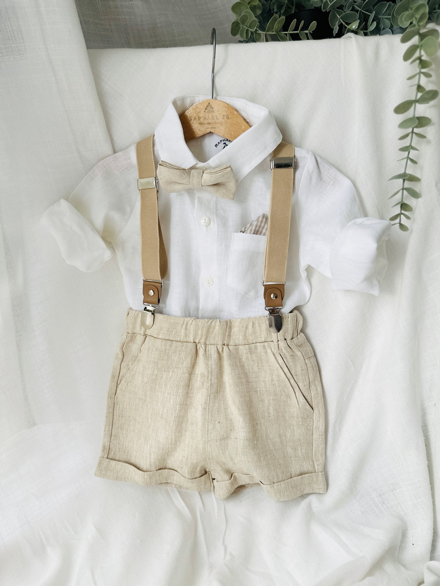 Beige Linen Baptism outfit with suspender shorts, shirt, and bow tie plus optional jacket and embroidery