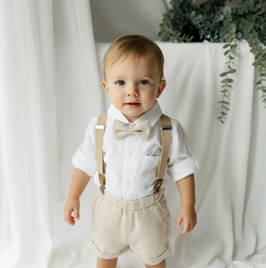 Beige Linen Baptism outfit with suspender shorts, shirt, and bow tie plus optional jacket and embroidery
