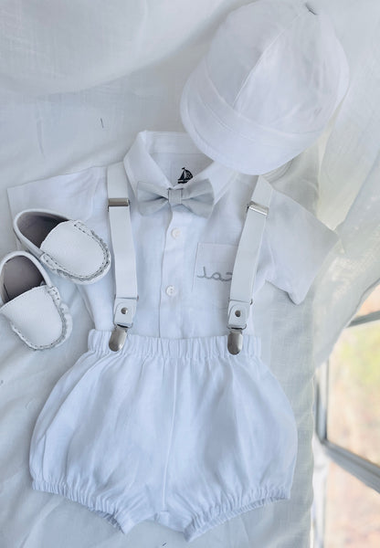 Baby and Toddler Boys white linen baptism outfit with bloomers, shirt, suspenders, bow tie