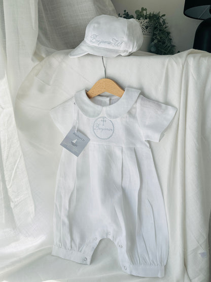 Linen Baptism 3/4 length jumpsuit with optional cardigan and embroidery