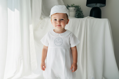 Linen Baptism 3/4 length jumpsuit with optional cardigan and embroidery