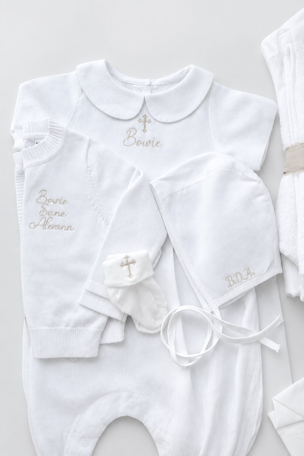 Linen Baptism 3/4 length jumpsuit romper with optional cardigan and embroidery