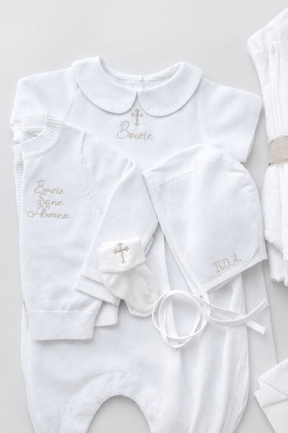 Linen Baptism 3/4 length jumpsuit romper with optional cardigan and embroidery