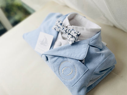 Blue chambray set with blue pants, white linen shirt, white, blue or beige suspenders and blue bow tie