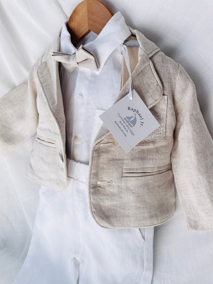White and Beige Linen Set with optional Jacket Accessories and Embroidery