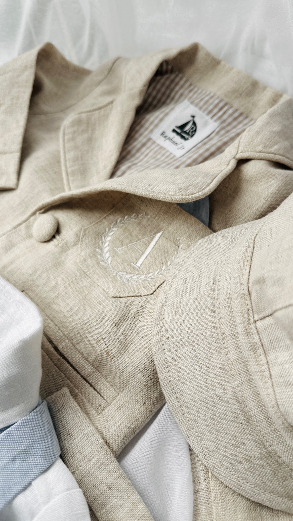 Beige Linen full length suit with pants, shirt, jacket and accessories