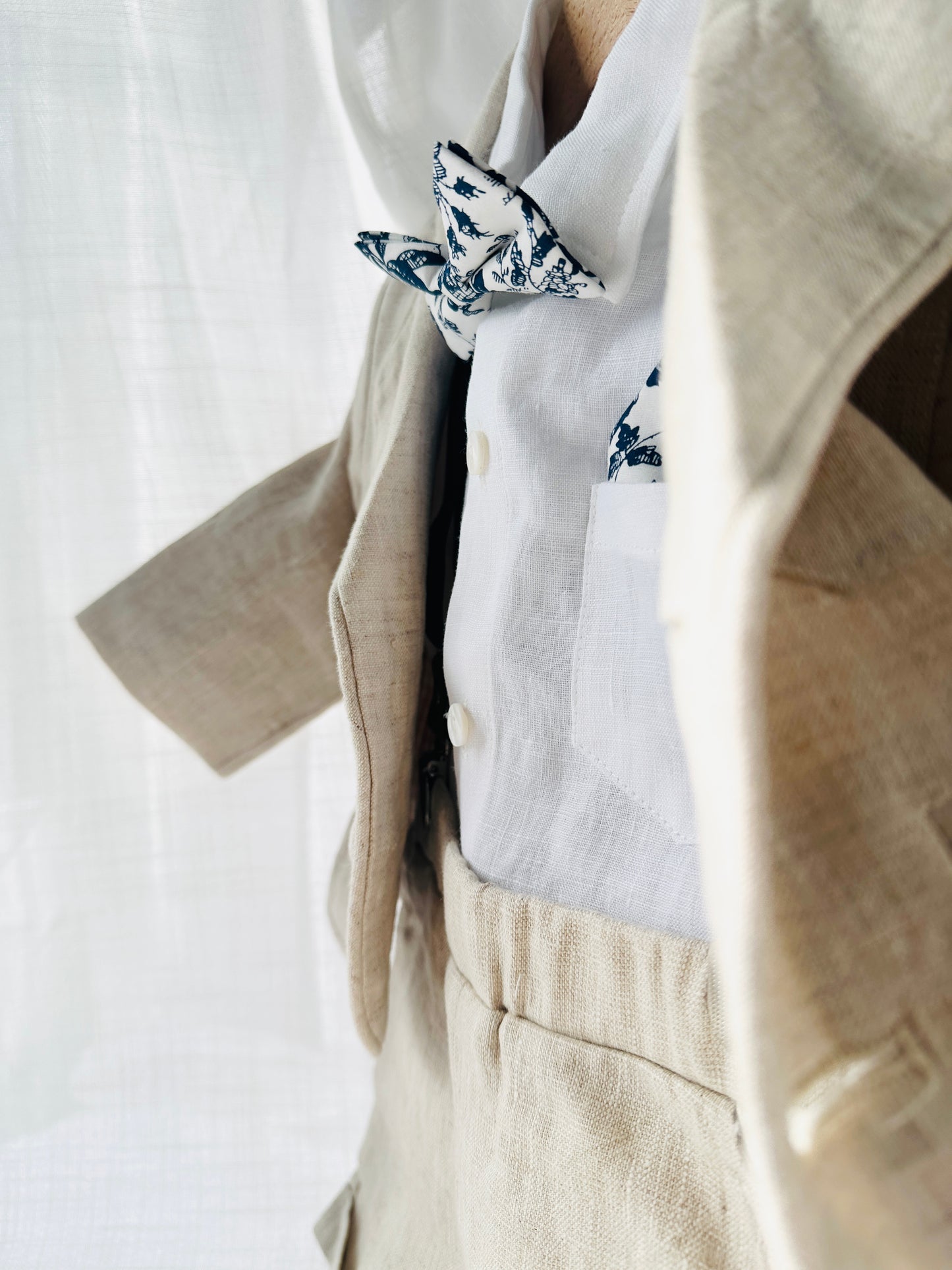 Beige Linen Summer Suit with navy blue accessories