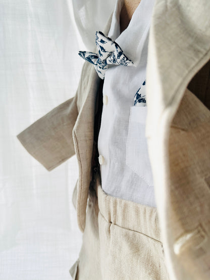 Beige Linen Summer Suit with navy blue accessories