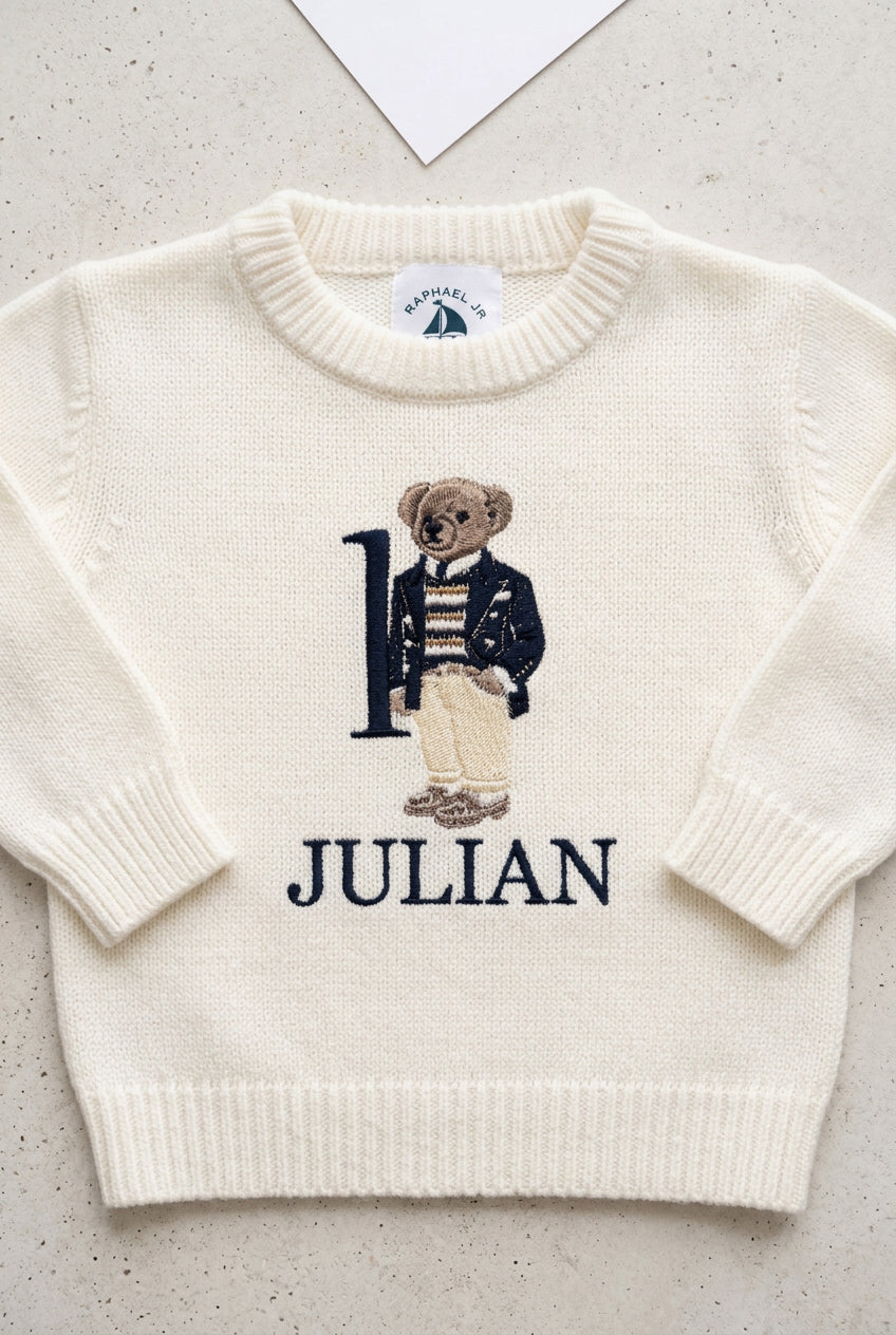 Polo Bear first birthday set with linen shirt, shorts and bear jumper