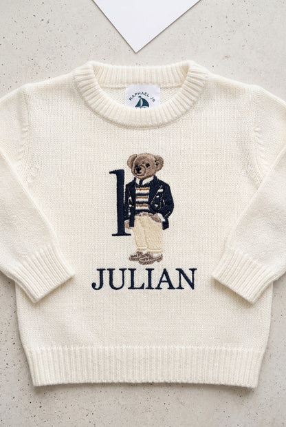 Polo Bear first birthday set with linen shirt, shorts and bear jumper